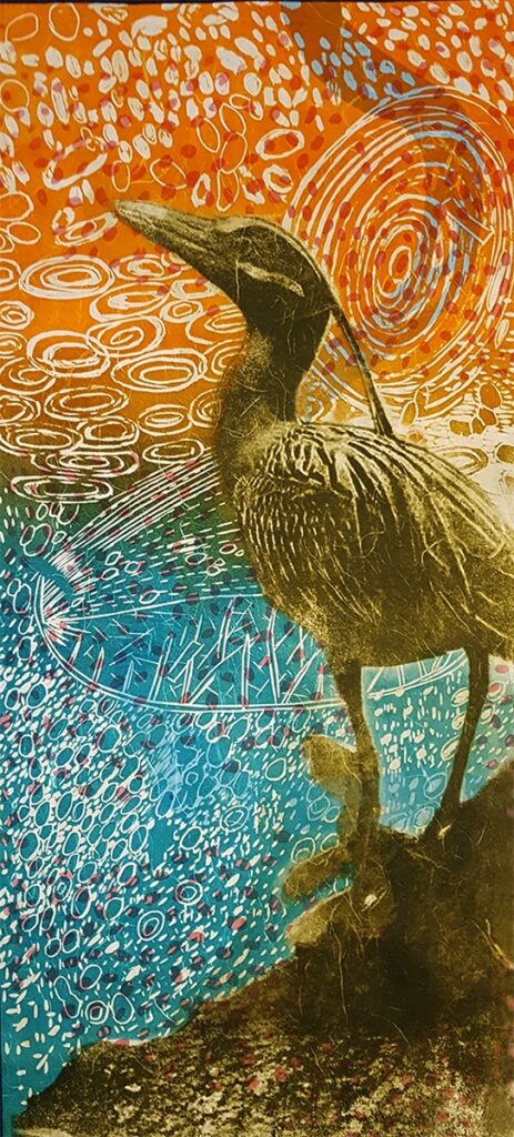 Patricia Hunsinger • <em>Yellow Crowned Night Heron</em> • Woodcut, paper lithography, silkscreen, color pencil on unryu paper • 30″×42″ • $400.00