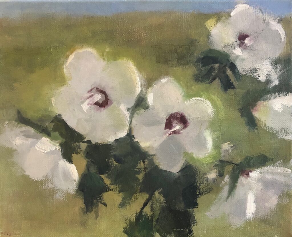 Ileen Kaplan • <em>Rose of Sharon Outdoors</em> • Oil on canvas • 10″×8″ • $75.00