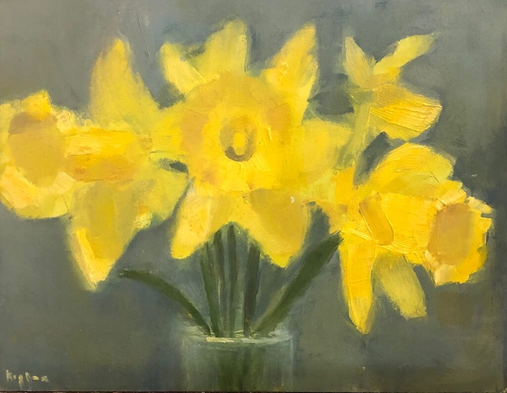Ileen Kaplan • <em>Three Daffodils</em> • Oil on panel • 8″×6″ • $60.00