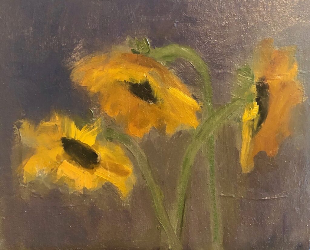 Ileen Kaplan • <em>Three Sunflowers</em> • Oil on canvas • 10″×8″ • $75.00
