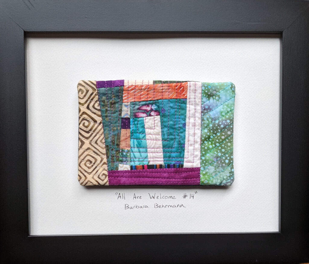 Barbara Behrmann • <em>All Are Welcome #14</em> • Commercial quilted fabrics, mounted on watercolor paper • 10″×8″ • $75.00