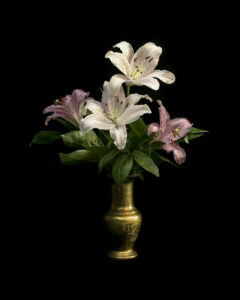 Nancy V. Ridenour • <em>Bronze Vase and Aromatic Lilies</em> • Digital print on canvas • 16″×20″ • $150.00