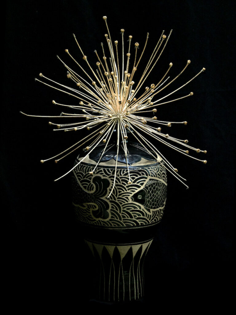 Nancy V. Ridenour • <em>Chinese Vase and Allium</em> • Digital print on canvas • 18″×24″ • $165.00