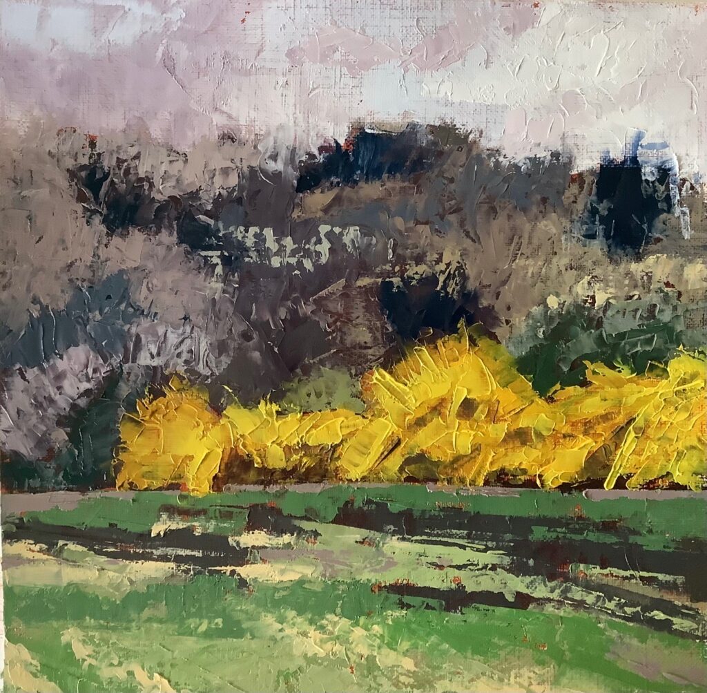 Sylvia J. Bailey • <em>Forsythia</em> • Oil on archival oil paper • 8″×8″ • $300.00<a class="purchase" href="https://state-of-the-art-gallery.square.site/product/sylvia-j-bailey-forsythia/1723" target="_blank">Buy</a>