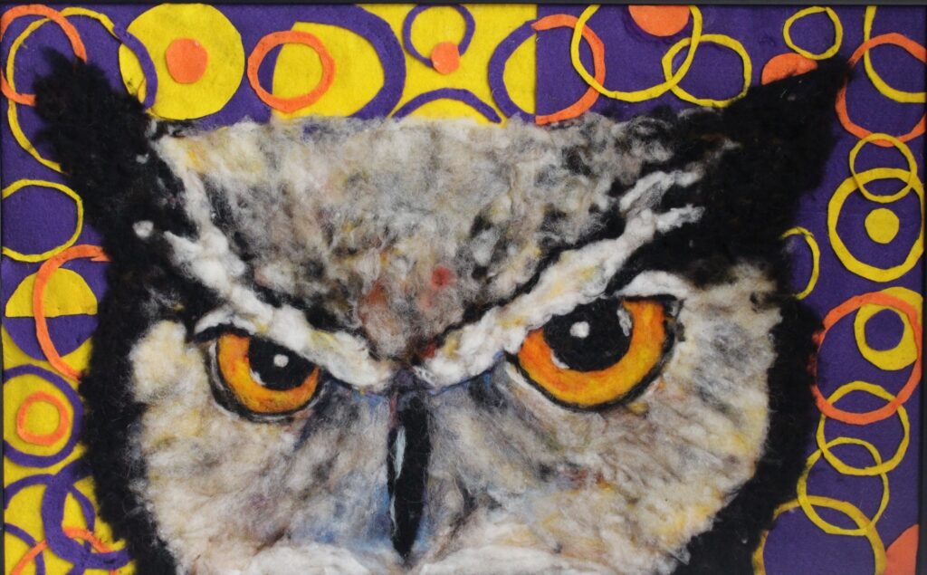 Victoria Connors • <em>Horned owl: Birds of Prey Series</em> • Mix fiber, fabric and needle felt painting • 22″×17″ • $450.00<a class="purchase" href="https://state-of-the-art-gallery.square.site/product/victoria-connors-horned-owl-birds-of-prey-series/1726" target="_blank">Buy</a>