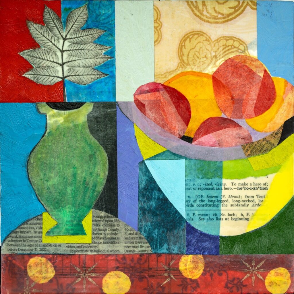 Tracy Finn • <em>Fruit Bowl</em> • Encaustic and paper on wood panel • 10″×10″×1½″ • $500.00