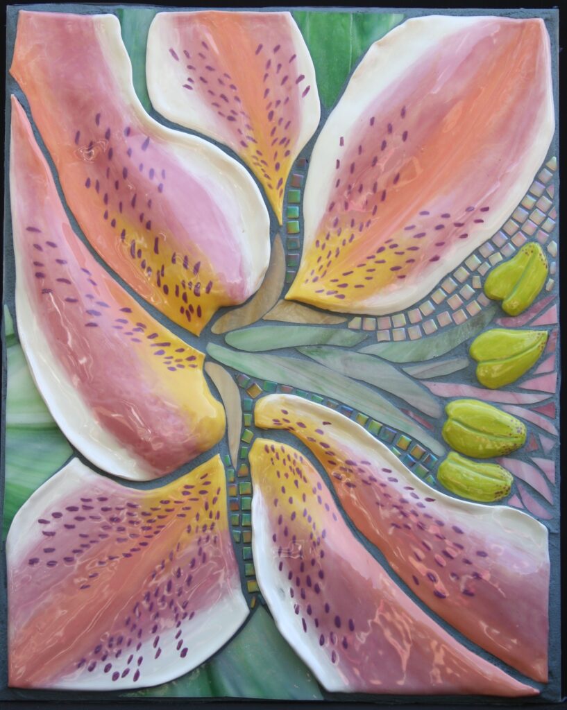 Marjorie Hoffman • <em>Lily</em> • Handmade ceramic tiles & stained glass • 22″×18″ • $1,300.00<a class="purchase" href="https://state-of-the-art-gallery.square.site/product/marjorie-hoffman-lily/1717" target="_blank">Buy</a>