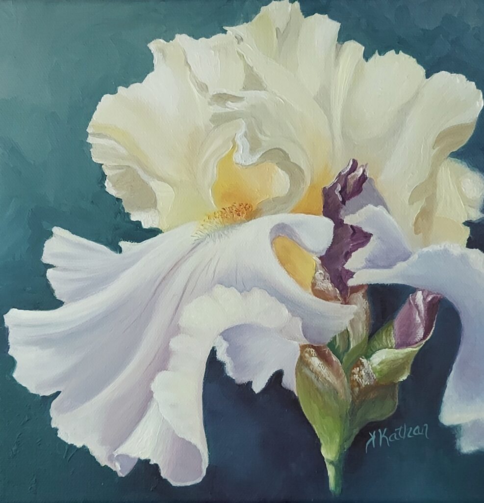 Kathleen Kathan • <em>Illuminated Iris</em> • Oil on canvas • 12″×12″ • $425.00<a class="purchase" href="https://state-of-the-art-gallery.square.site/product/kathleen-kathan-illuminated-iris/1728" target="_blank">Buy</a>