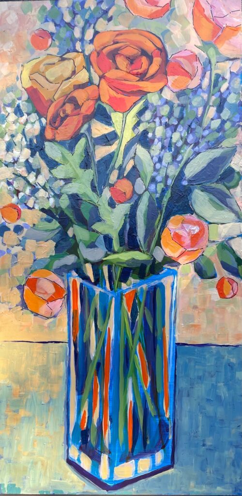 Cindy Ann Kaufman • <em>Flowers in Vase</em> • Acrylic on cradled birch panel • 24″×12″ • $600.00