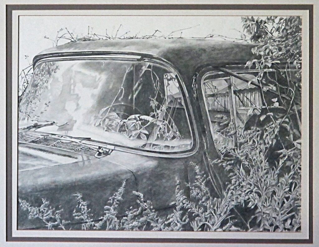 Richard Marchant • <em>Hedgerow Chevy</em> • Pencil on Bristol • 24″×30″ • $400.00<a class="purchase" href="https://state-of-the-art-gallery.square.site/product/richard-marchant-hedgerow-chevy/1737" target="_blank">Buy</a>