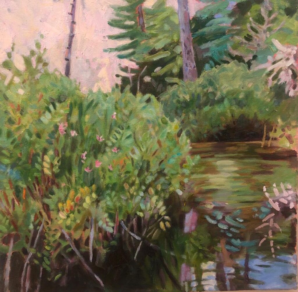Catharine O'Neill • <em>Bog at Lake Titus</em> • Oil • 12″×12″×1″ • $325.00<a class="purchase" href="https://state-of-the-art-gallery.square.site/product/catharine-o-neill-bog-at-lake-titus/1716" target="_blank">Buy</a>