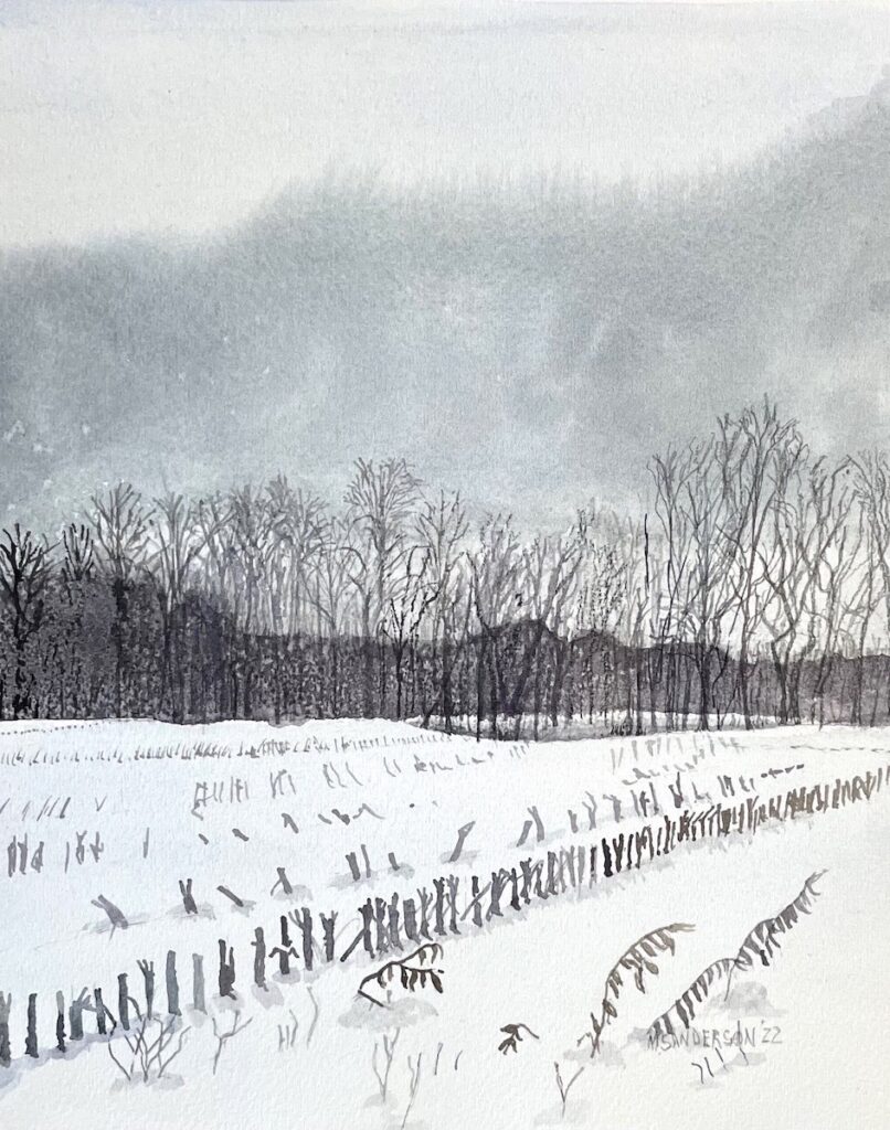 Marie Sanderson • <em>Winter Hedgerow</em> • Watercolor on paper • 7½″×9½″ • $625.00<a class="purchase" href="https://state-of-the-art-gallery.square.site/product/marie-sanderson-winter-hedgerow/1727" target="_blank">Buy</a>