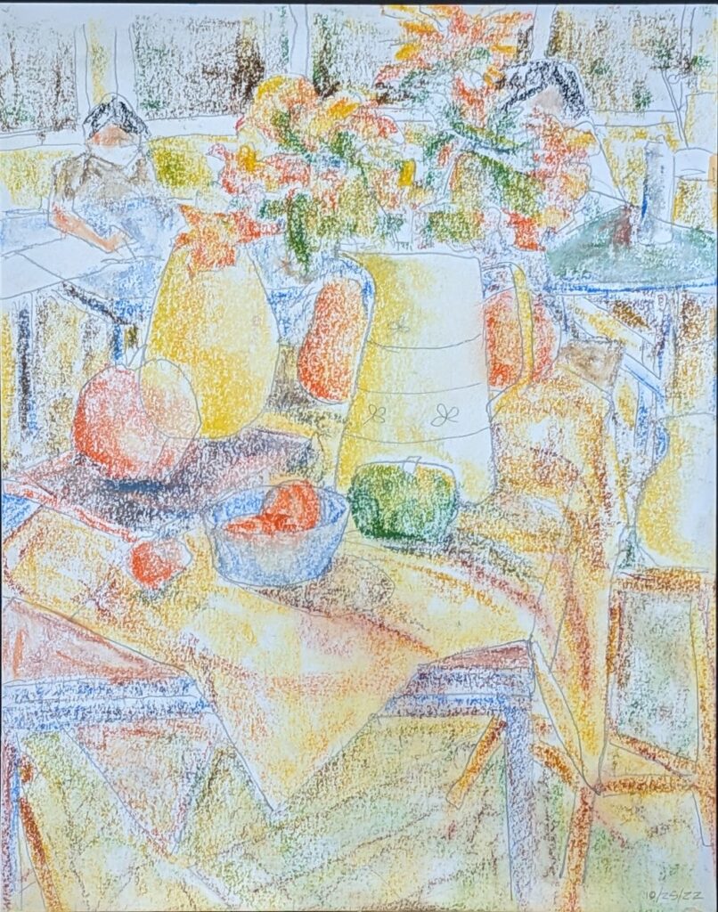 Diana Ozolins • <em>November Still Life #1</em> • Ink and pastel on Canson multimedia paper • 11″×14″ • $300.00<a class="purchase" href="https://state-of-the-art-gallery.square.site/product/diana-ozolins-november-still-life-1/1813" target="_blank">Buy</a>