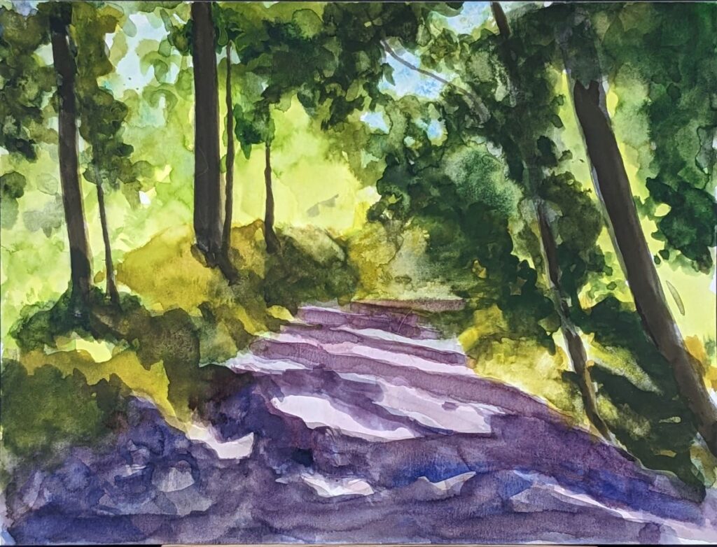Diana Ozolins • <em>Path at Hogs Hole</em> • Watercolor on Canson 140 lb paper • 12″×9″ • $200.00<a class="purchase" href="https://state-of-the-art-gallery.square.site/product/diana-ozolins-path-at-hogs-hole/1848" target="_blank">Buy</a>