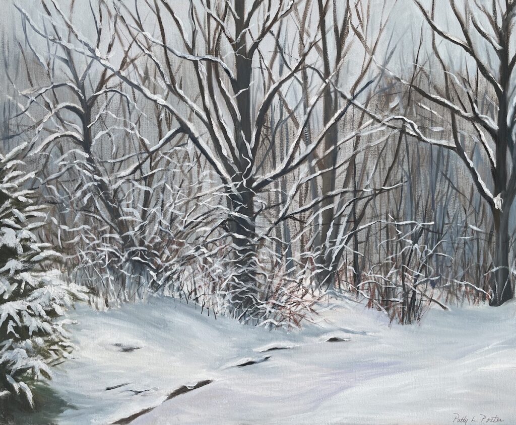 Patty L Porter • <em>A Cold Back Yard</em> • Oil on canvas • 20″×16″ • $500.00<a class="purchase" href="https://state-of-the-art-gallery.square.site/product/patty-l-porter-a-cold-back-yard/1823" target="_blank">Buy</a>