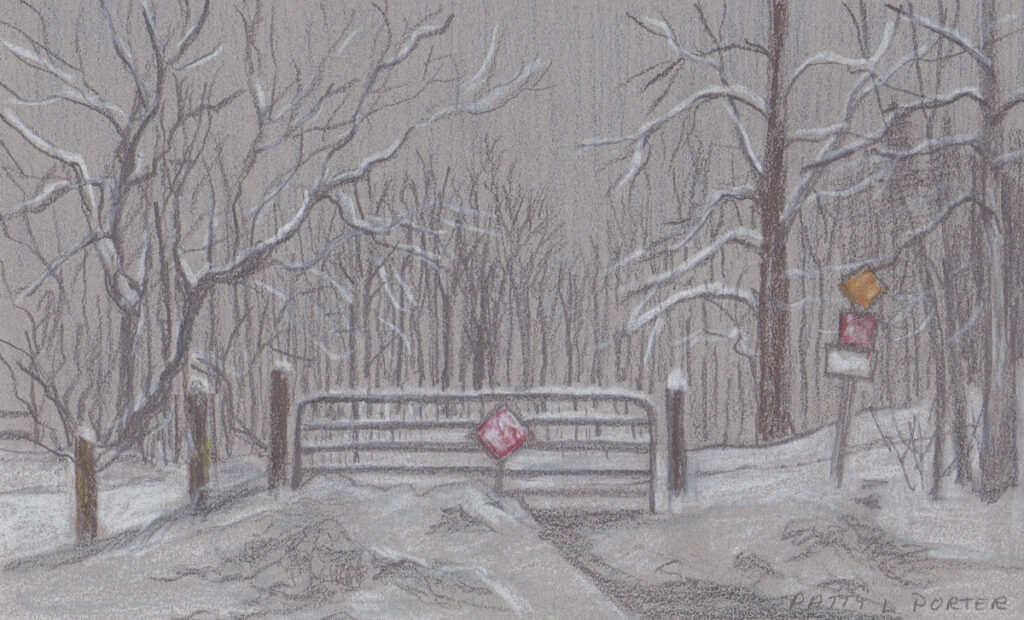 Patty L Porter • <em>Sketch — Not the Last Winter Storm</em> • Graphite and pastel chalk • $75.00<a class="purchase" href="https://state-of-the-art-gallery.square.site/product/patty-l-porter-sketch-not-the-last-winter-storm/1819" target="_blank">Buy</a>