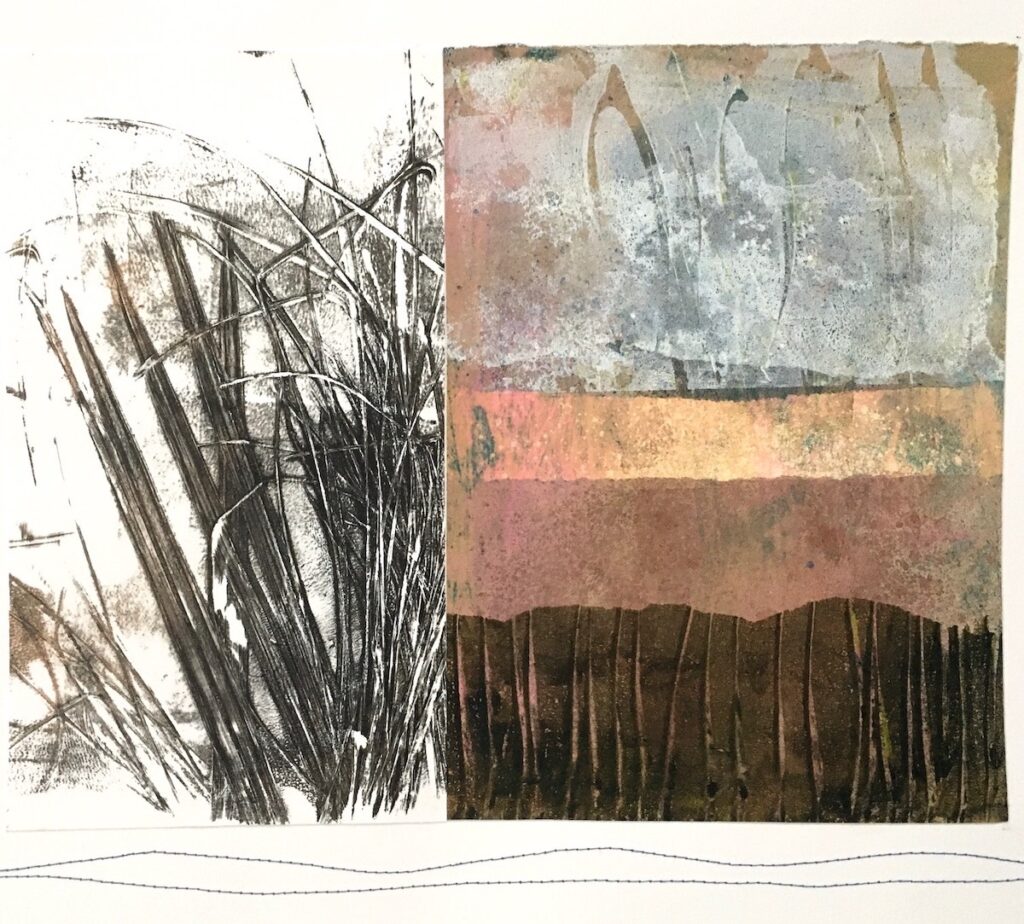 Carol Spence • <em>Inlet Walk 3</em> • Mixed media painting on Stonehenge paper • 16″×20″ • $300.00<a class="purchase" href="https://state-of-the-art-gallery.square.site/product/carol-spence-inlet-walk-3/1818" target="_blank">Buy</a>