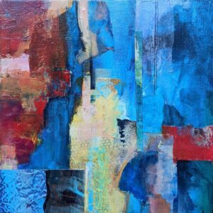 Barbara Behrmann • <em>Time for the Primaries</em> • Acrylic mixed-media collage on stretched canvas • 10″×10″×1½″ • $300.00