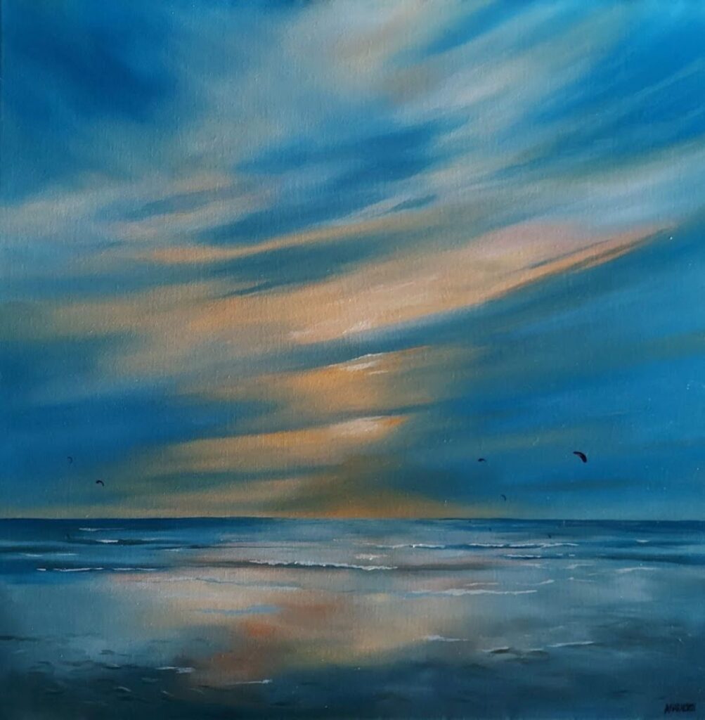 Annemiek Haralson  • <em>Kite Surfers at Dusk</em> • Oil on canvas • 24″×24″ • $525.00