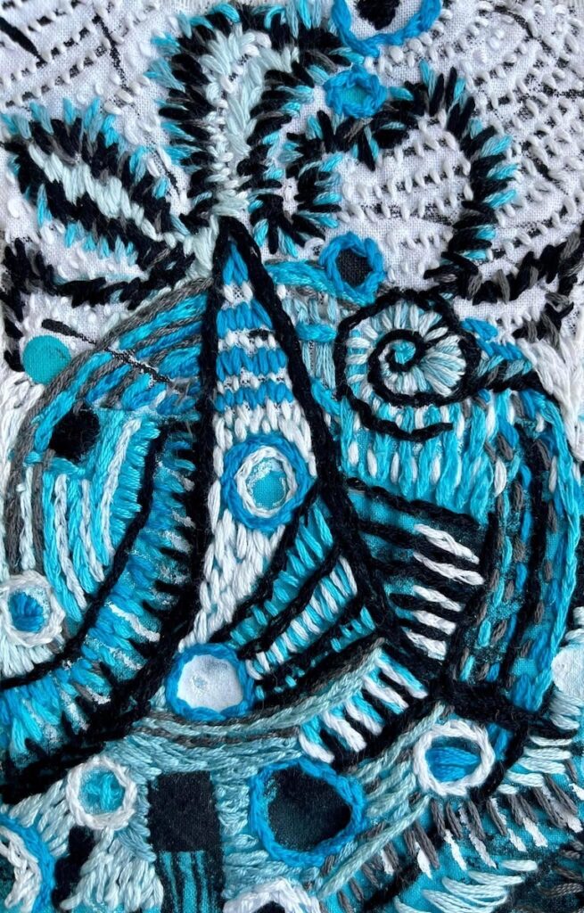 Patricia Brown • <em>Blue Black White Study 1</em> • Embroidery on cotton, framed • 8″×10″ • $195.00
