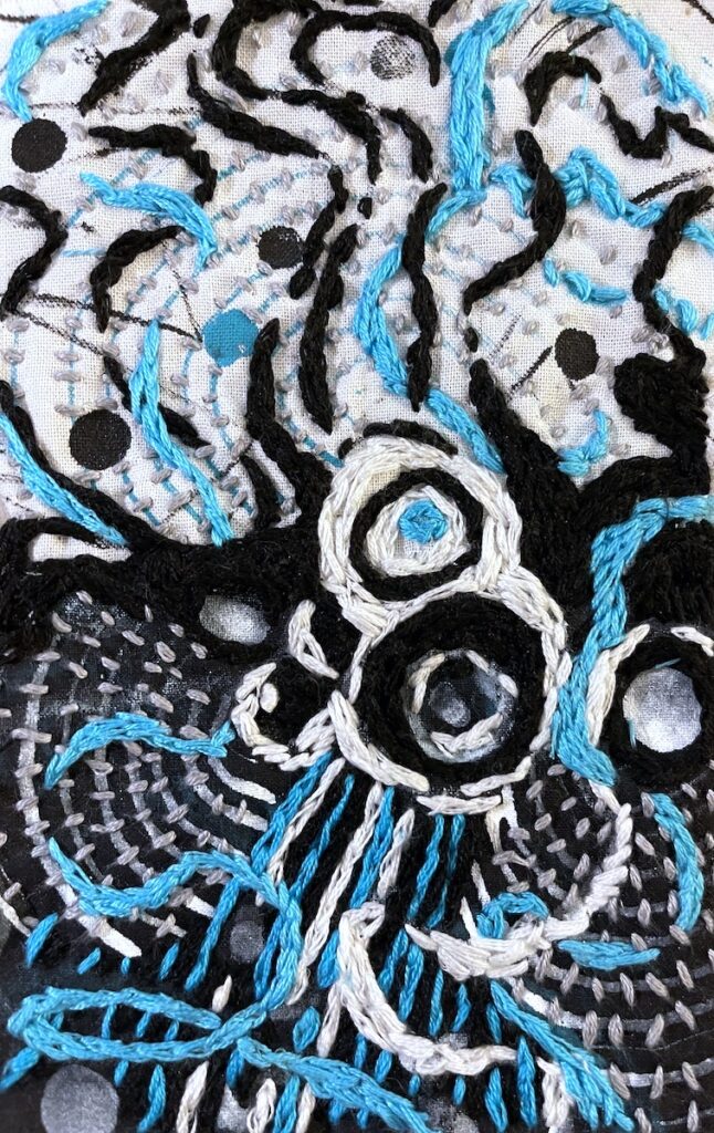 Patricia Brown • <em>Blue Black White Study 2</em> • Embroidery on cotton, framed • 8″×10″ • $195.00