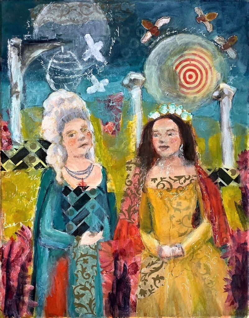 Linda Fazzary • <em>bee girls</em> • Acrylic, mixed media • 11″×14″ • $675.00<a class="purchase" href="https://state-of-the-art-gallery.square.site/product/linda-fazzary-bee-girls/1972" target="_blank">Buy</a>
