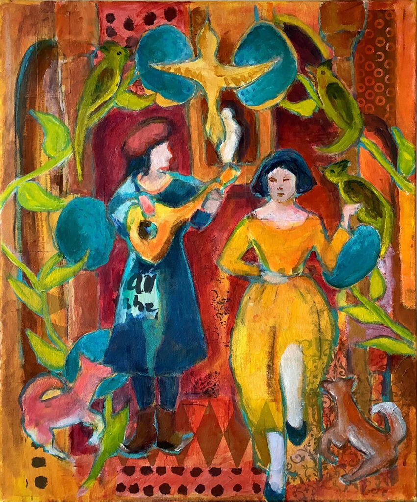 Linda Fazzary • <em>the courtship</em> • Acrylic, mixed media • 20″×24″ • $975.00<a class="purchase" href="https://state-of-the-art-gallery.square.site/product/linda-fazzary-the-courtship/2023" target="_blank">Buy</a>