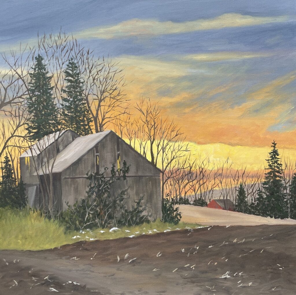 Patty L Porter • <em>Pine Ridge Barn</em> • Oil on canvas • 16″×16″ • $500.00<a class="purchase" href="https://state-of-the-art-gallery.square.site/product/patty-l-porter-pine-ridge-barn/2011" target="_blank">Buy</a>