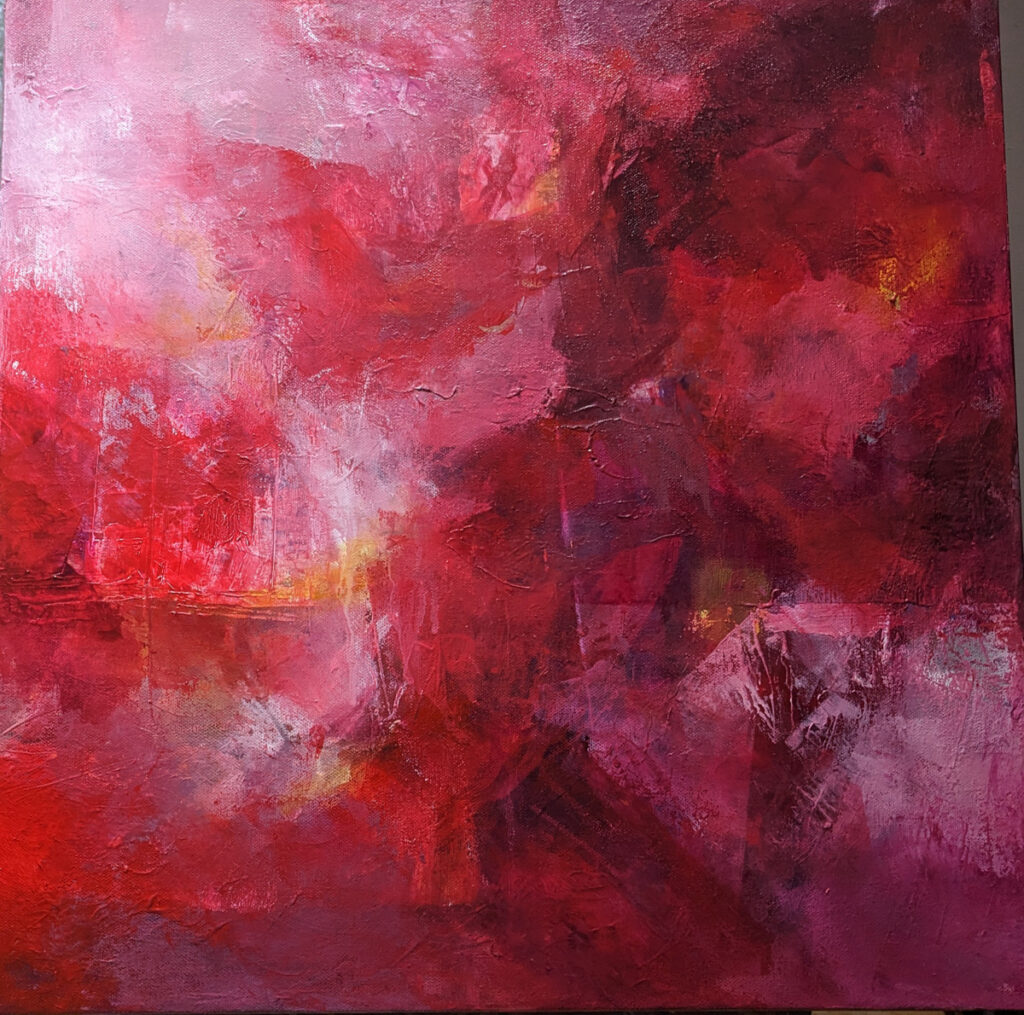 Barbara Behrmann • <em>Crimson Skies</em> • Acrylic on stretched canvas • 20″×20″×1½″ • $400.00
