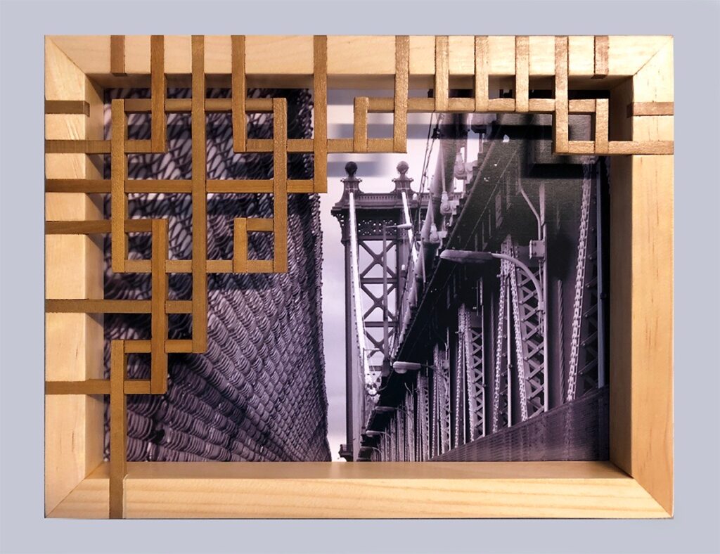 Eva M. Capobianco • <em>Manhattan Bridge with Lattice</em> • Digital photo and reused wood • 12″×9″×1½″ • $125.00