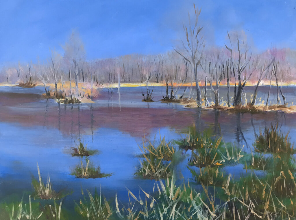 Patty L Porter • <em>Spring Emerges ~ Teeter Pond</em> • Oil on canvas • 9″×12″ • $250.00