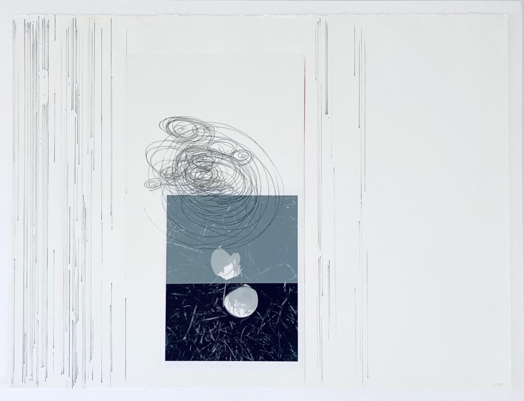 Ariel Bullion Ecklund • <em>Entering the Cosmos</em> • Inkjet photograph, graphite, ink, thread and vellum on paper • 24″×32″ • $900.00