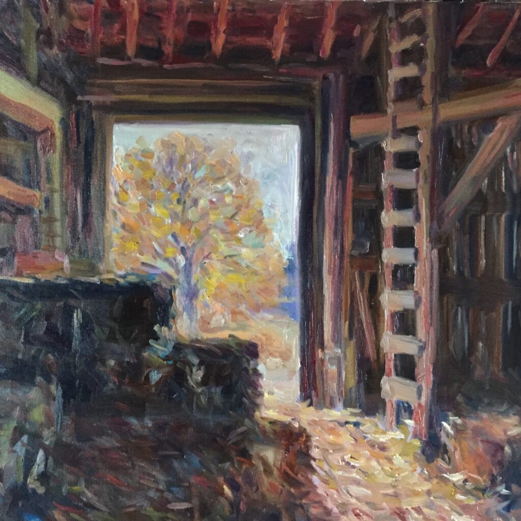Hsiao-Pei Yang • <em>Lost in Time in an Old Barn</em> • Oil on canvas • 20″×20″ • $1,200.00