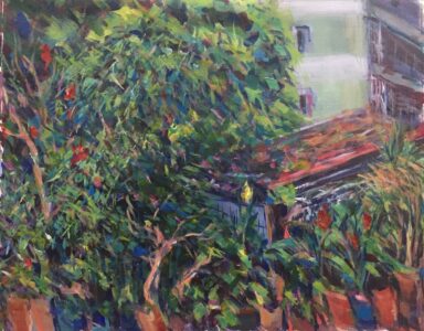 Hsiao-Pei Yang • <em>The Longan Tree and Rundown House</em> • Acrylic on canvas • 20″×16″ • NFS