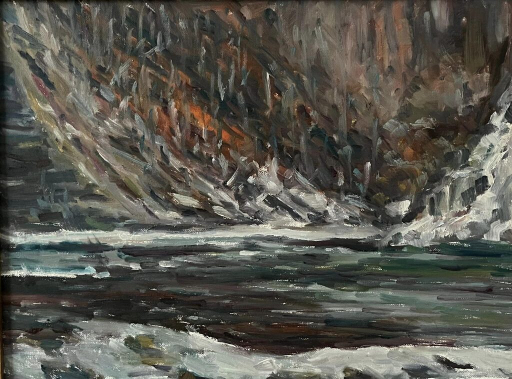 Hsiao-Pei Yang • <em>Under the Fozen Gorge at Ithaca Fall</em> • Oil on board • 16″×12″ • $550.00