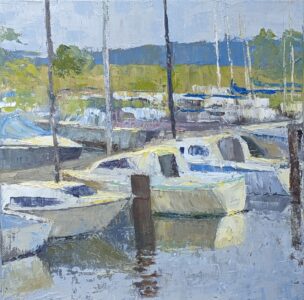 Diana Ozolins • <em>Sailboats in Treman Marina</em> • Oil on canvas • 12″×12″ • $350.00