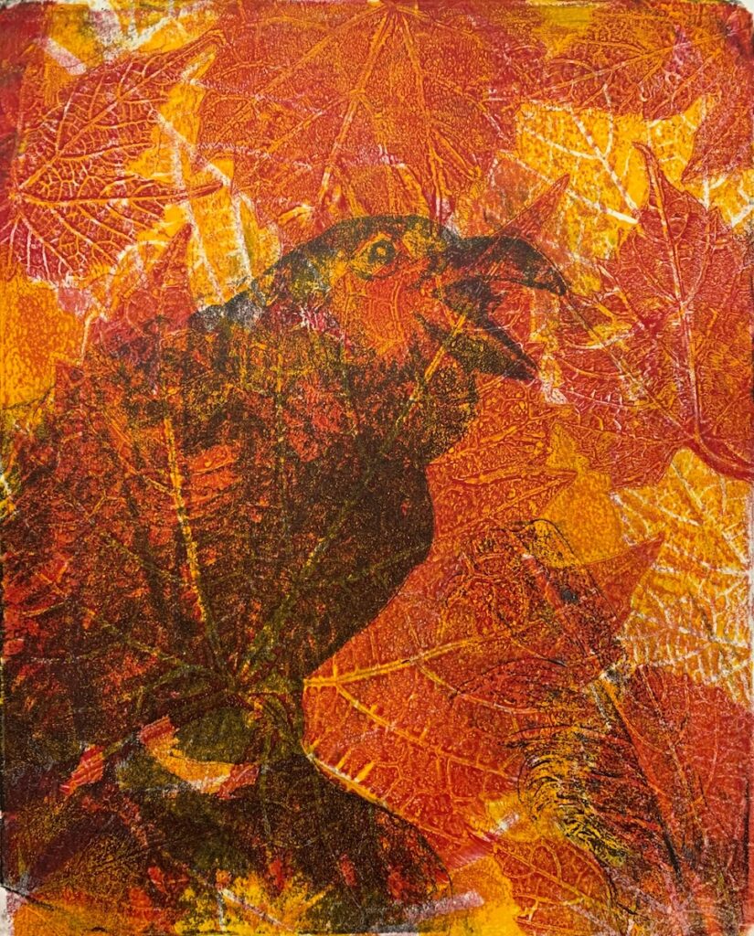 Elise Ann Skalwold • <em>Huginn: Raven Wolf Bird</em> • Acrylic, original photo transfer, gelatin monoprint • 17″×20″ • NFS