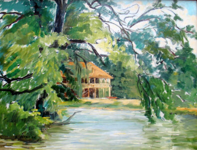 Ethel Vrana • <em>Cascadilla Boathouse</em> • Acrylic on canvas • 18″×24″ • $560.00