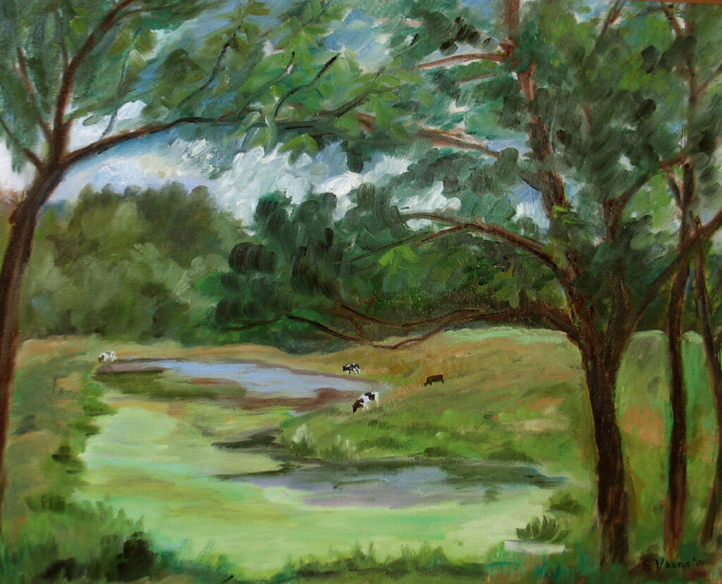 Ethel Vrana • <em>Pond on Stevenson Road</em> • Acrylic on canvas • 24″×30″ • $770.00