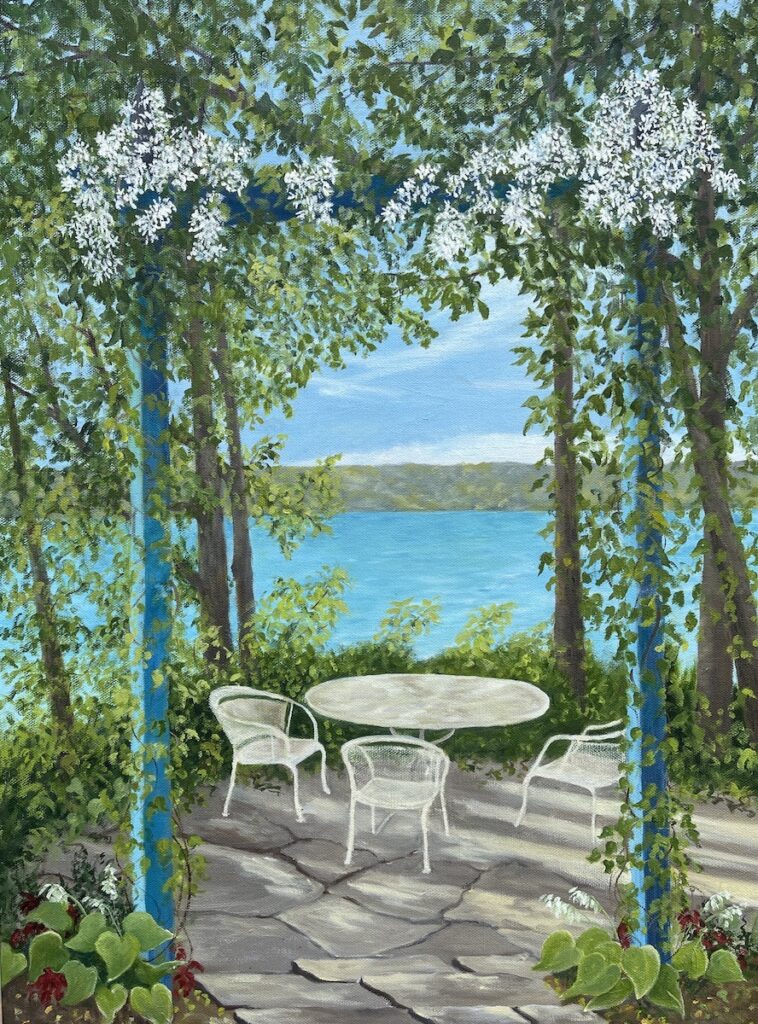 Patty L Porter • <em>Beyond the Patio</em> • Oil on canvas • 18″×24″ • $800.00<a class="purchase" href="https://state-of-the-art-gallery.square.site/product/patty-l-porter-beyond-the-patio/2461" target="_blank">Buy</a>