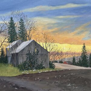 Patty L Porter • <em>Pine Ridge Barn</em> • Oil on canvas • 16″×16″ • $500.00
