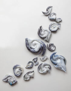 Christine Chin • <em>Stuffed Storms: 2022 Atlantic Tropical Storm Season</em> • Stuffed and quilted archival ink prints on fabric with hand embroidery • $4,000.00