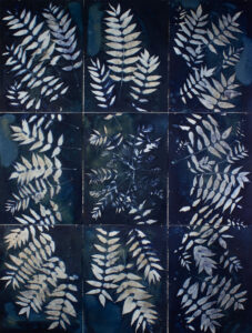 Christine Chin • <em>Invasive Species Cyanotype: Tree of Heaven (Ailanthus altissima) (9 panel)</em> • Cyanotype photogram from original specimen • 66″×90″ • $4,000.00