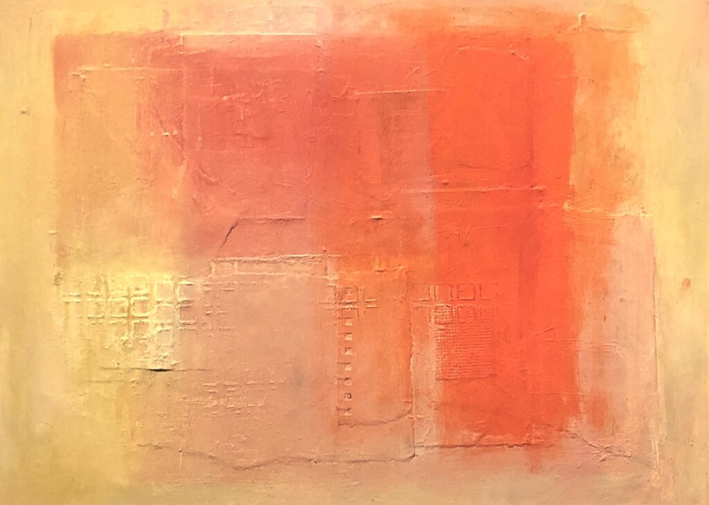 Ileen Kaplan • <em>Color Field Red</em> • Oil and collage on panel • 20″×16″ • $975.00