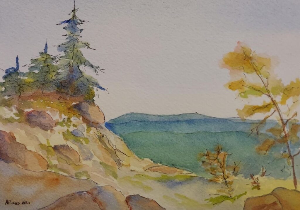 Annemiek Haralson • <em>Climbed Another Mountain</em> • Ink and watercolor • 7″×4½″ • $125.00