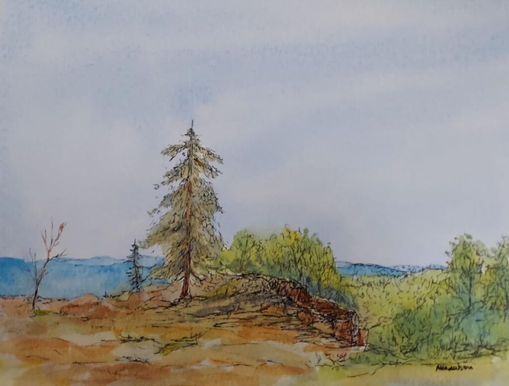 Annemiek Haralson • <em>Mountain View</em> • Ink and watercolor • 7″×5½″ • $125.00