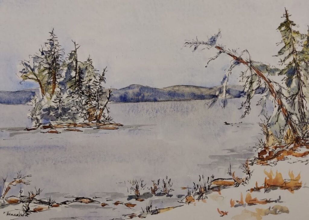 Annemiek Haralson • <em>Winter Pond</em> • Ink and watercolor • 7″×4½″ • $125.00