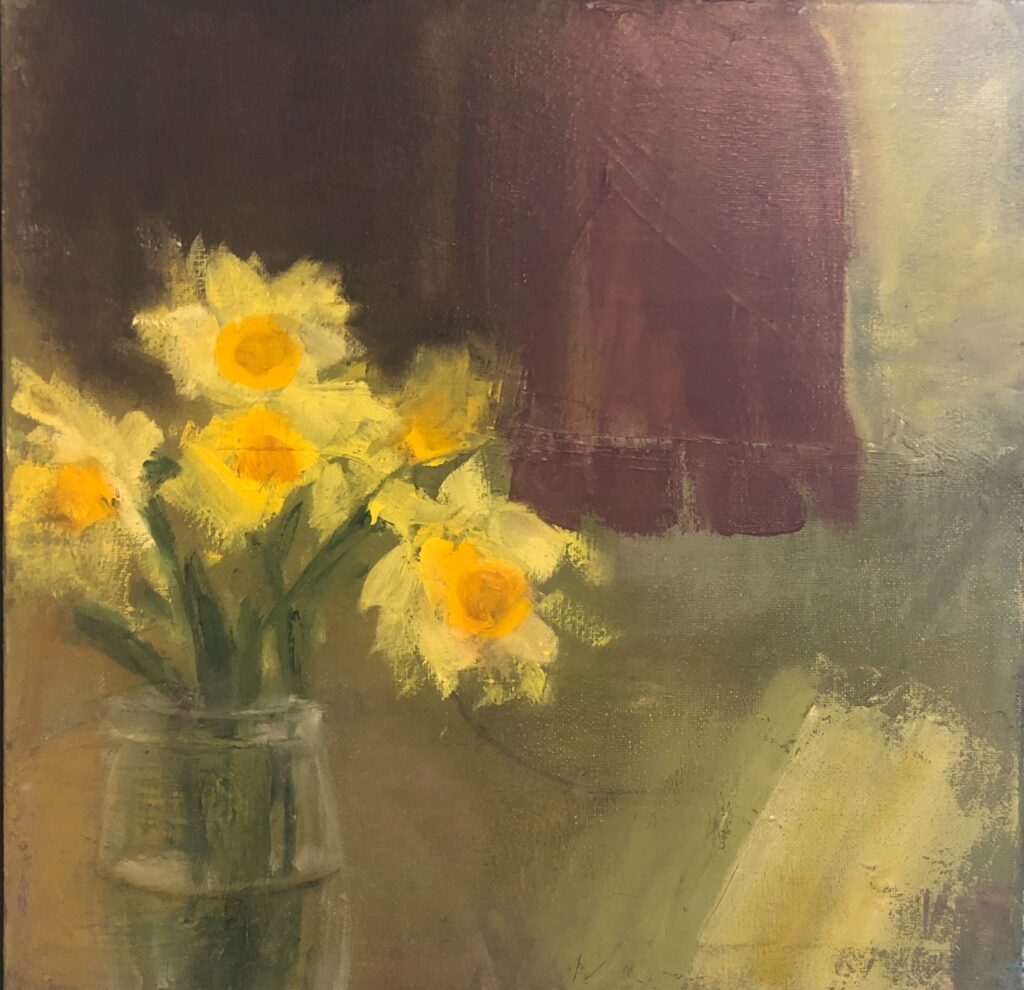 Ileen Kaplan • <em>Daffodils in the Window</em> • Oil on panel • 12″×12″ • $525.00