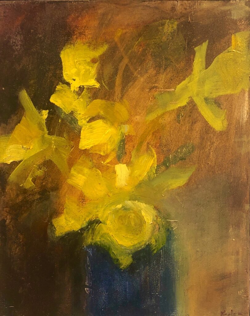 Ileen Kaplan • <em>Daffodils in a Blue Vase</em> • Oil on canvas • 8″×10″ • $425.00