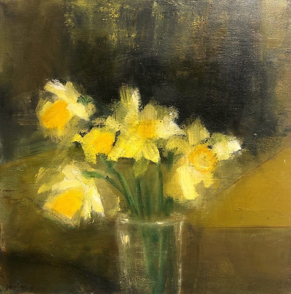 Ileen Kaplan • <em>Daffodils on Earth Tones</em> • Oil on canvas • 12″×12″ • $525.00